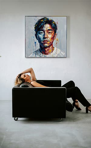 Smirnov Form portrait artwork placed within a warm, natural-toned home interior